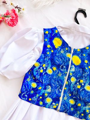 Vestido Bluson Doll Noche Estrellada para dama, con su tela estampada de noche estrellada — Magnolia Morango