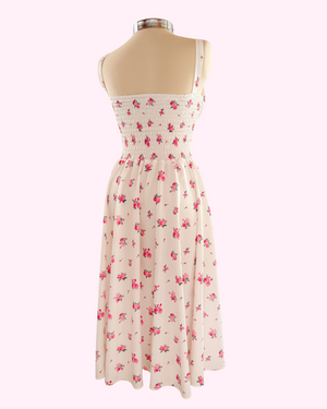 Vestido Midi Victoria Flor Blanco para dama, espalda cierre invisible y zigzag en espalda tipo corsé — Magnolia Morango