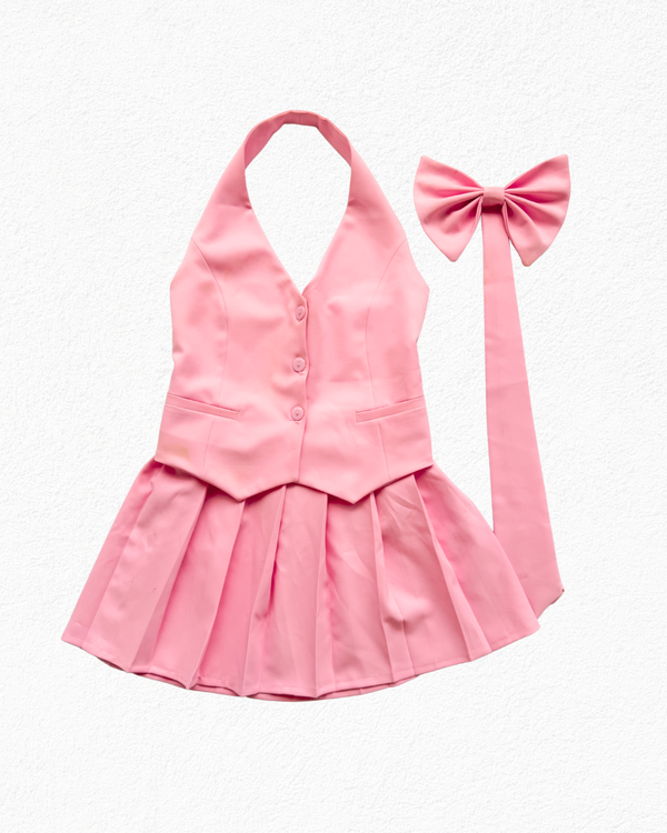 Set Cute Boss Chaleco con Moño y Falda Plisada