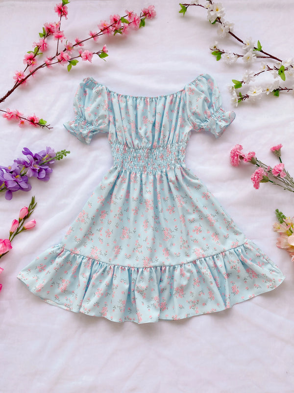 Vestido Polka Azul Con Flores Rosadas