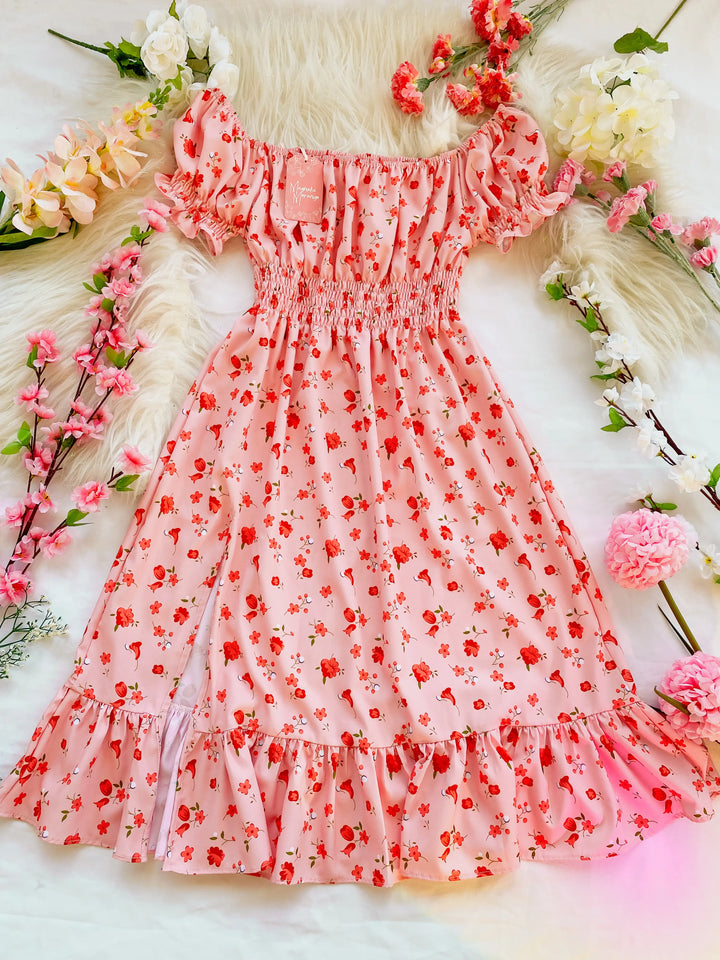 Vestido Polka Midi Flor Rosa