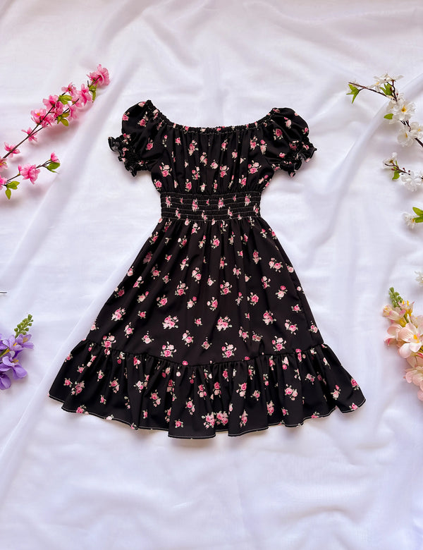 Vestido Polka Negro Flor Rosada