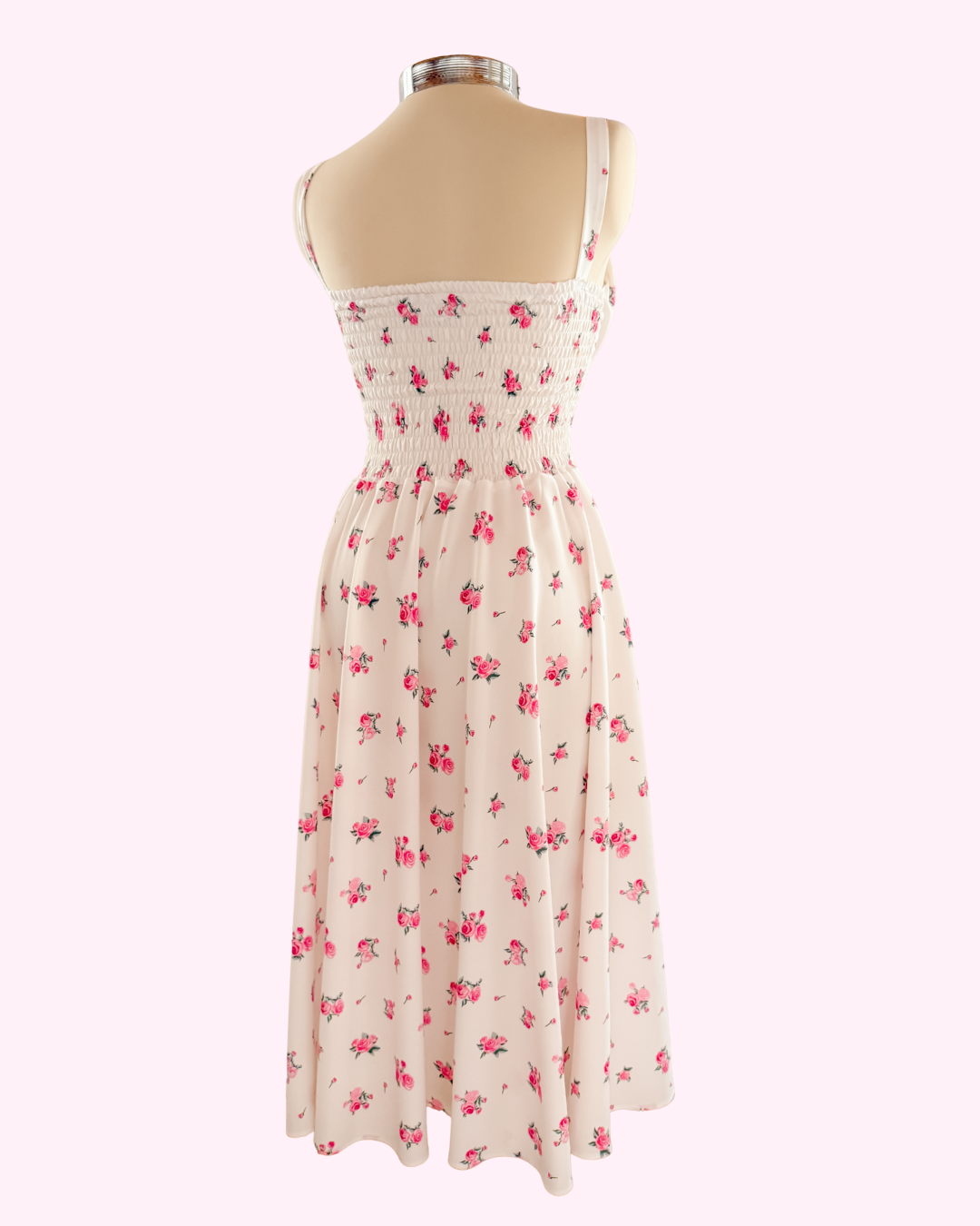 Vestido Midi Victoria Flor Blanco para dama, espalda cierre invisible y zigzag en espalda tipo corsé — Magnolia Morango