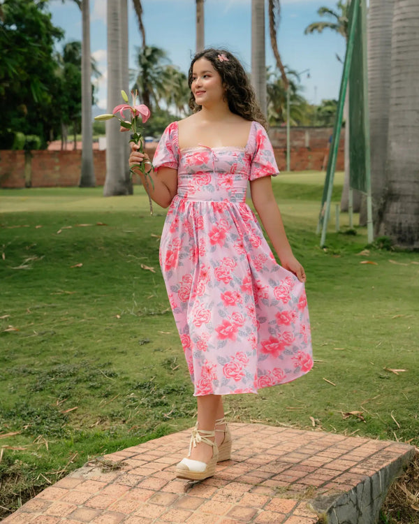 Vestido Serena Maxi Estampado Claveles Rosa